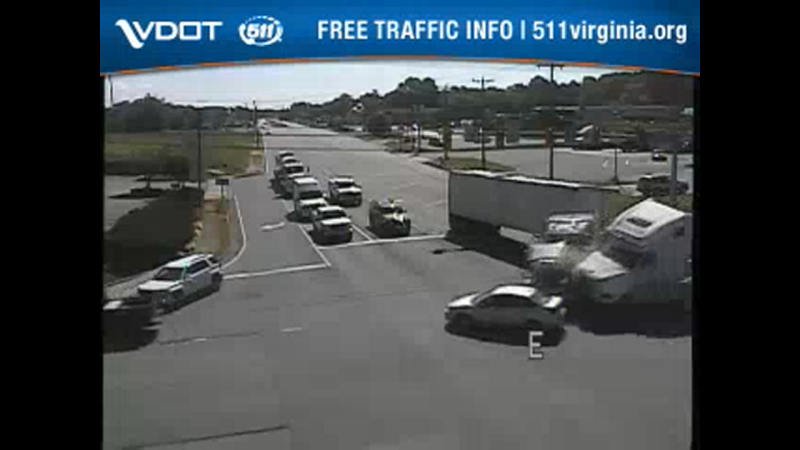 A crash between two tractor-trailers which occurred at the intersection between US 58 and US 501 in South Boston, VA at 10:31AM local time. The tractor on the left was turning across the intersection and had the right of way while the tractor on the right was traveling left and ran the light.